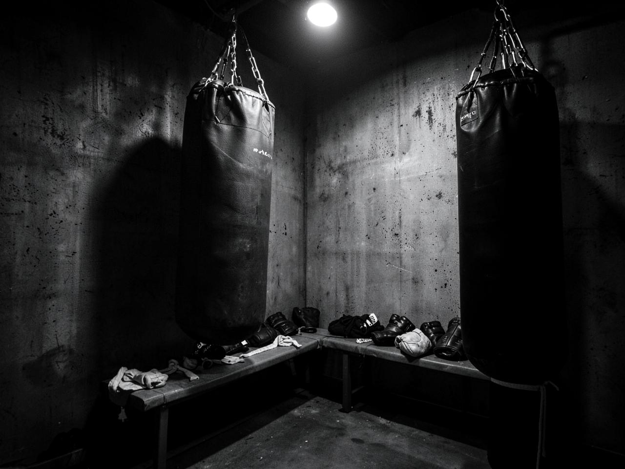 Heavy bags and gloves in a dark combat-training corner