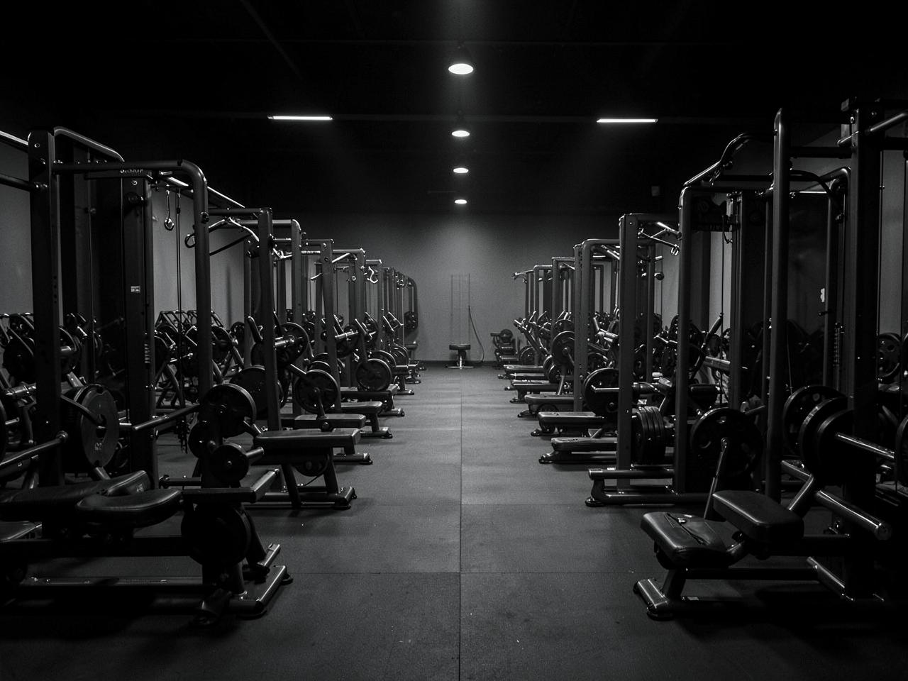 Rows of plate-loaded machines in a dark gym